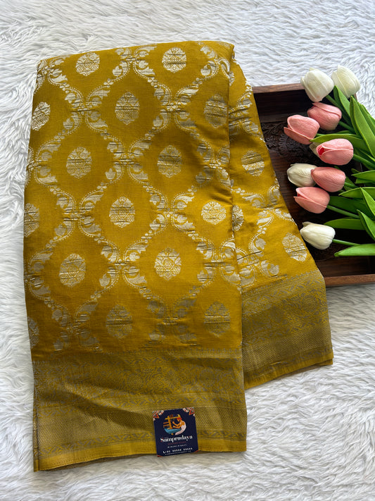 Semi Georgette Saree Mustard Yellow Colored Complemented with a Zari Border. - Sampradaya Designer Studio