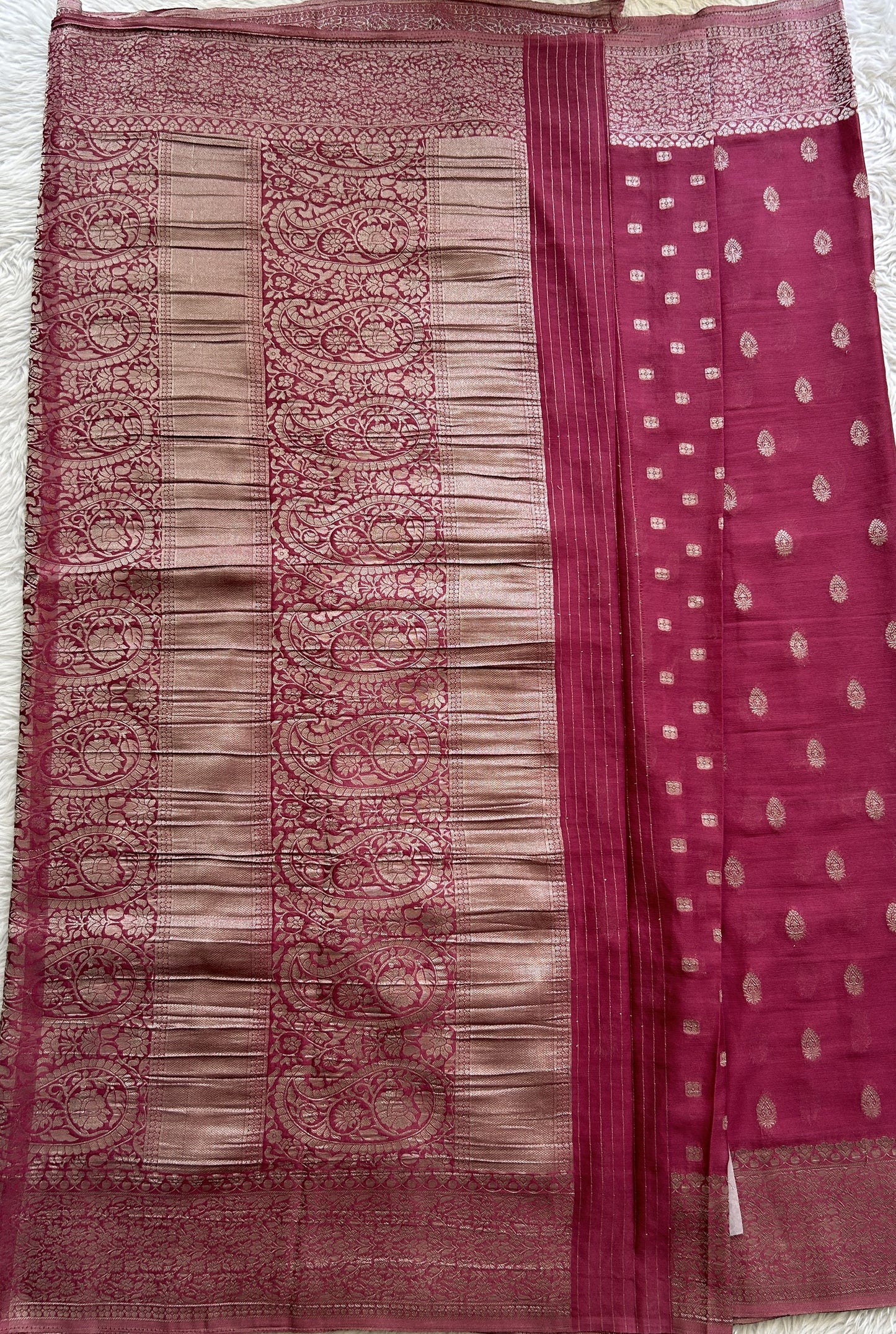 Semi Georgette Saree Dark Pink Colored Complemented with a Zari Border. - Sampradaya Designer Studio