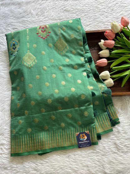 Semi Raw Silk Saree Rama Green Colored Complemented with a Zari Border. - Sampradaya Designer Studio