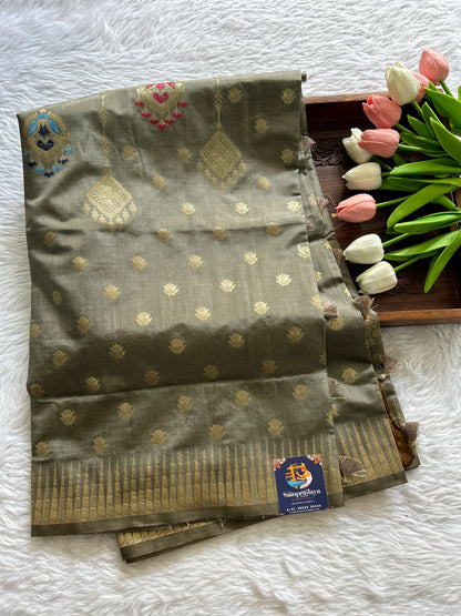 Semi Raw Silk Saree Gray Colored Complemented with a Zari Border. - Sampradaya Designer Studio