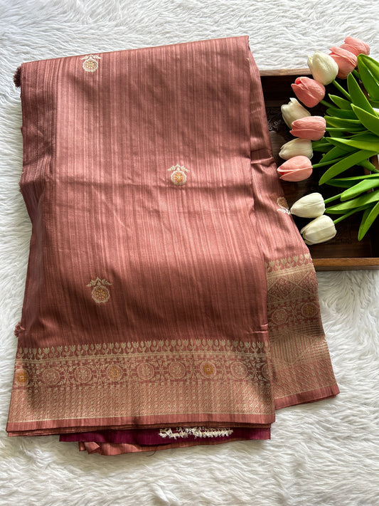 Semi Raw Silk Saree Onion Pink Colored Complemented with a Zari Border. - Sampradaya Designer Studio