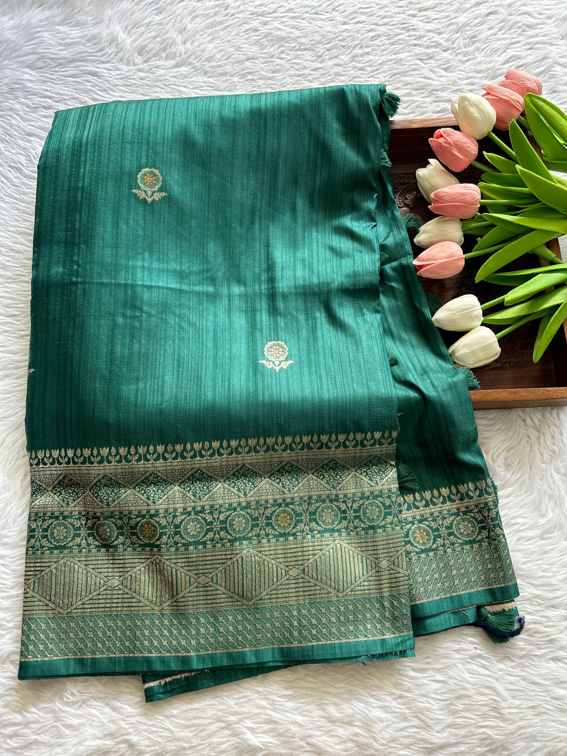 Semi Raw Silk Saree Rama Green Colored Complemented with a Zari Border. - Sampradaya Designer Studio