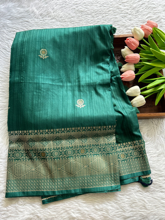 Semi Raw Silk Saree Rama Green Colored Complemented with a Zari Border. - Sampradaya Designer Studio