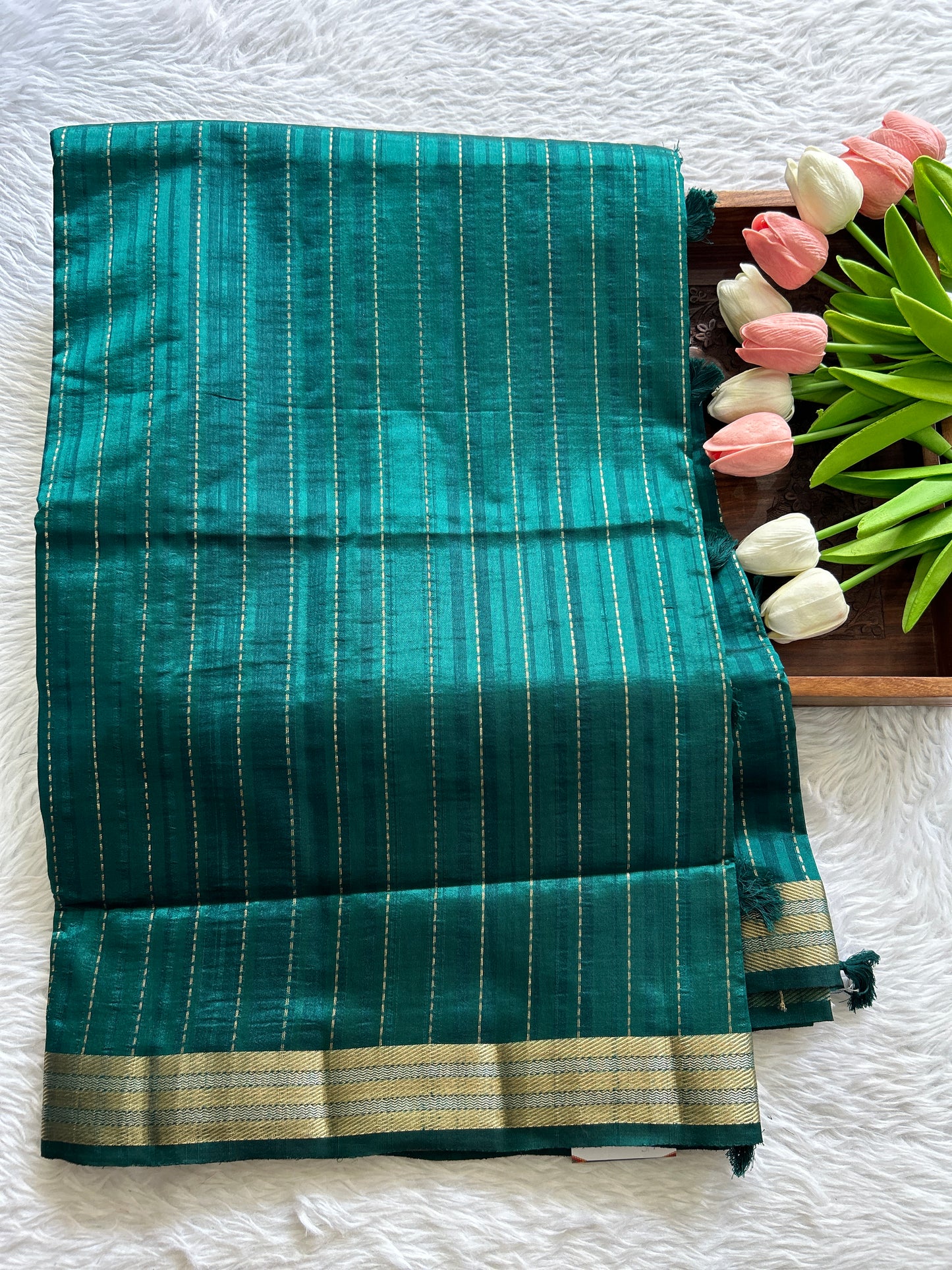 Semi Raw Silk Saree Peacock Blue Colored Complemented with a Zari Border. - Sampradaya Designer Studio