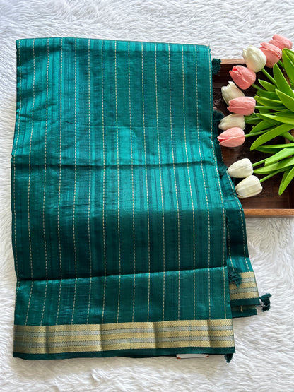 Semi Raw Silk Saree Peacock Blue Colored Complemented with a Zari Border. - Sampradaya Designer Studio