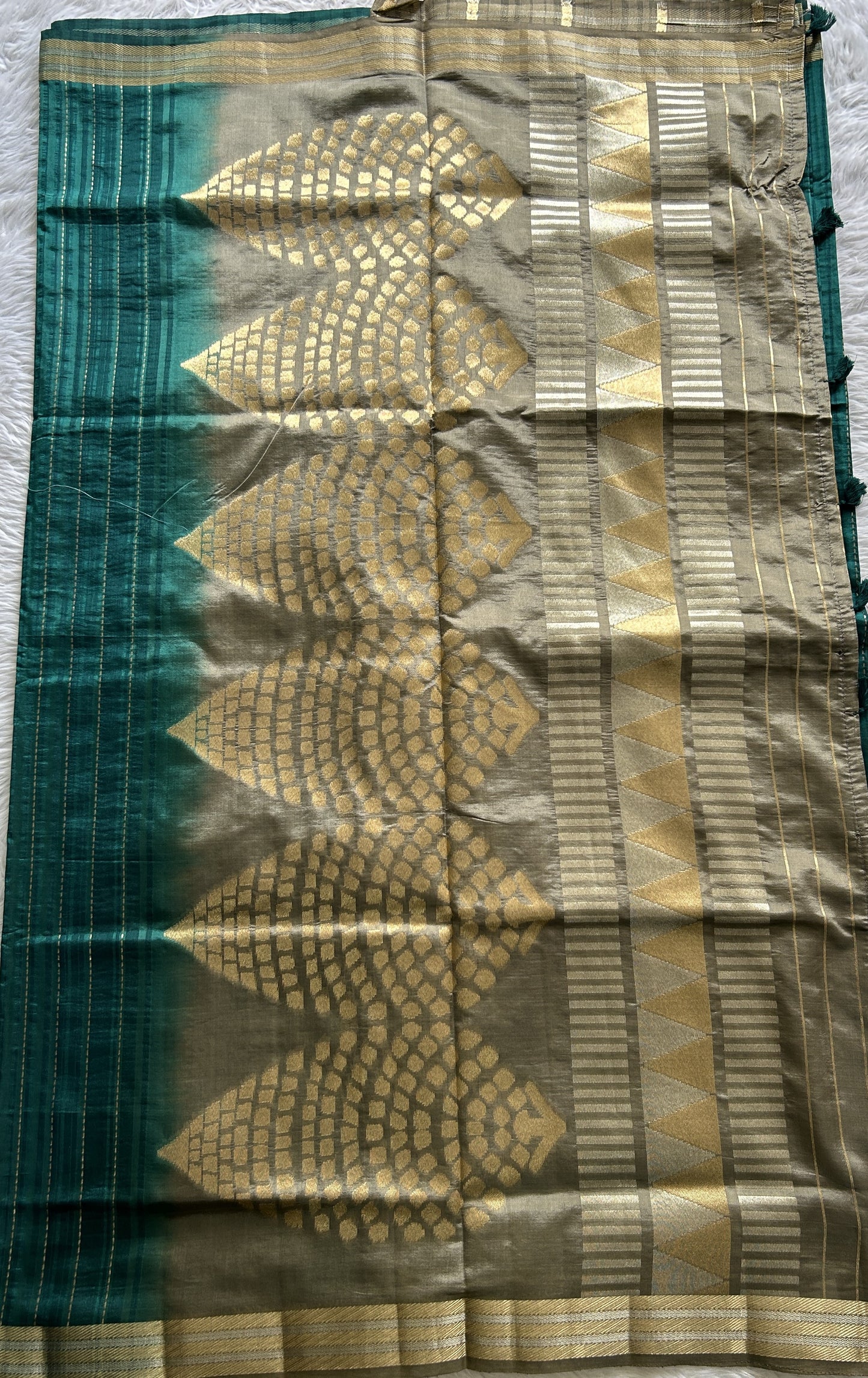 Semi Raw Silk Saree Peacock Blue Colored Complemented with a Zari Border. - Sampradaya Designer Studio