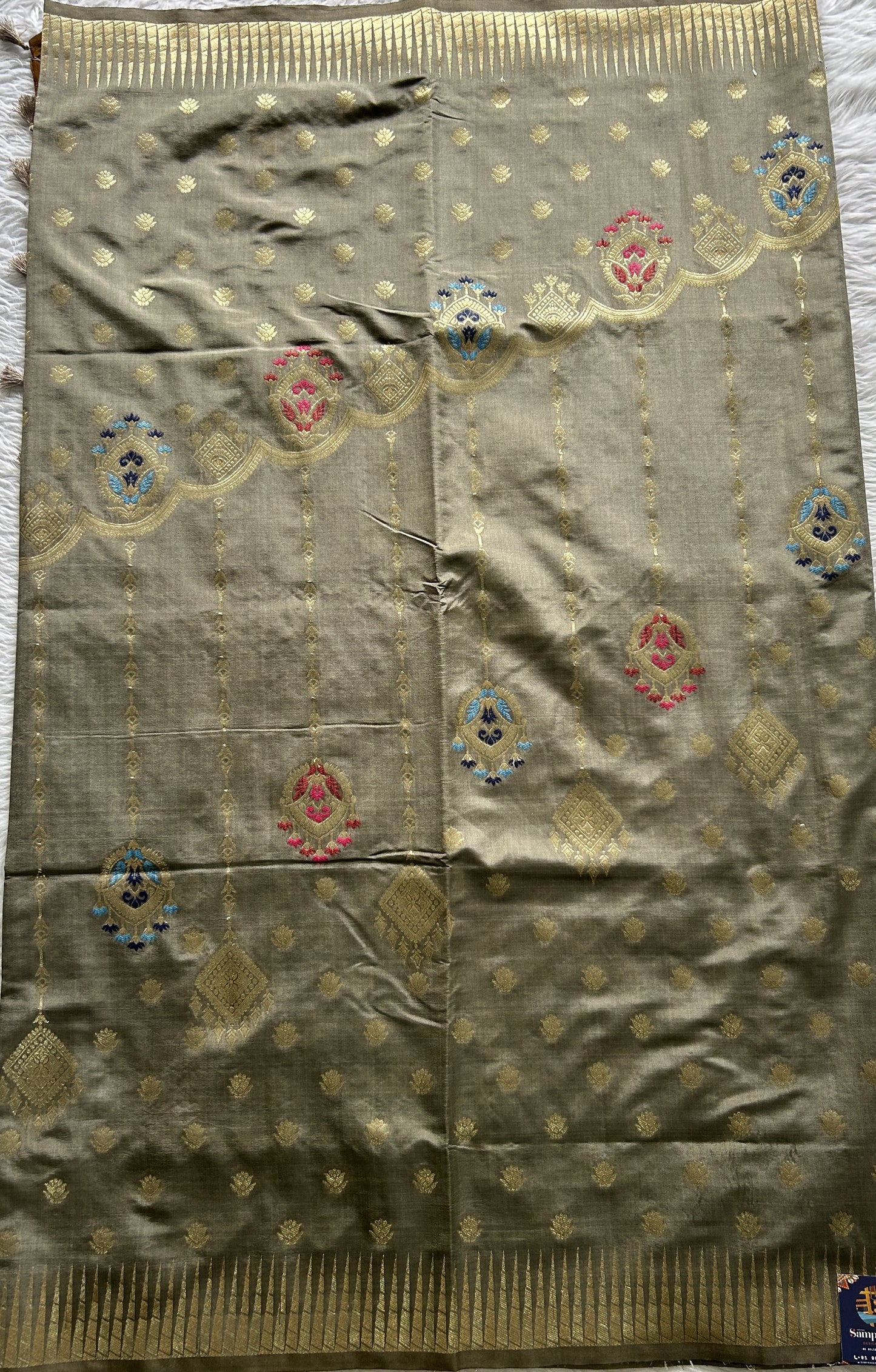 Semi Raw Silk Saree Gray Colored Complemented with a Zari Border. - Sampradaya Designer Studio