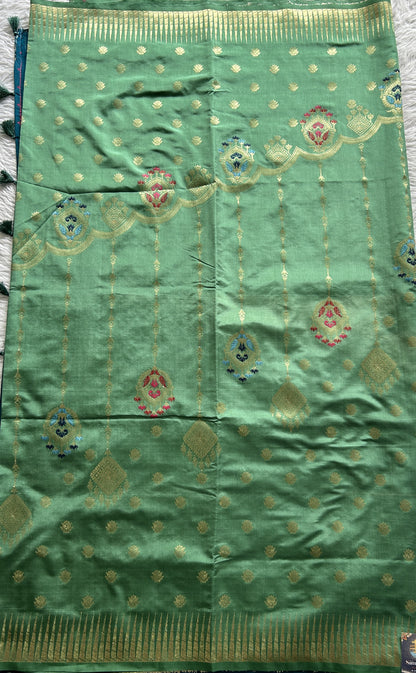 Semi Raw Silk Saree Rama Green Colored Complemented with a Zari Border. - Sampradaya Designer Studio