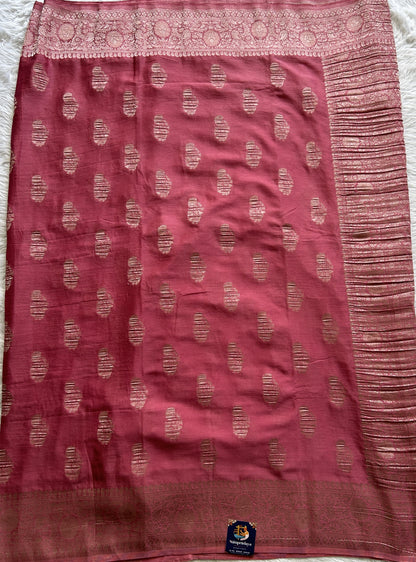 Semi Georgette Saree Light Pink Colored Complemented with a Zari Border. - Sampradaya Designer Studio