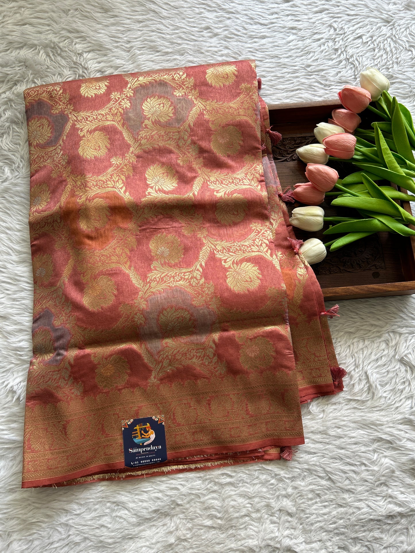 Semi Raw Silk Saree Peach Colored Complemented with a Zari Border. - Sampradaya Designer Studio