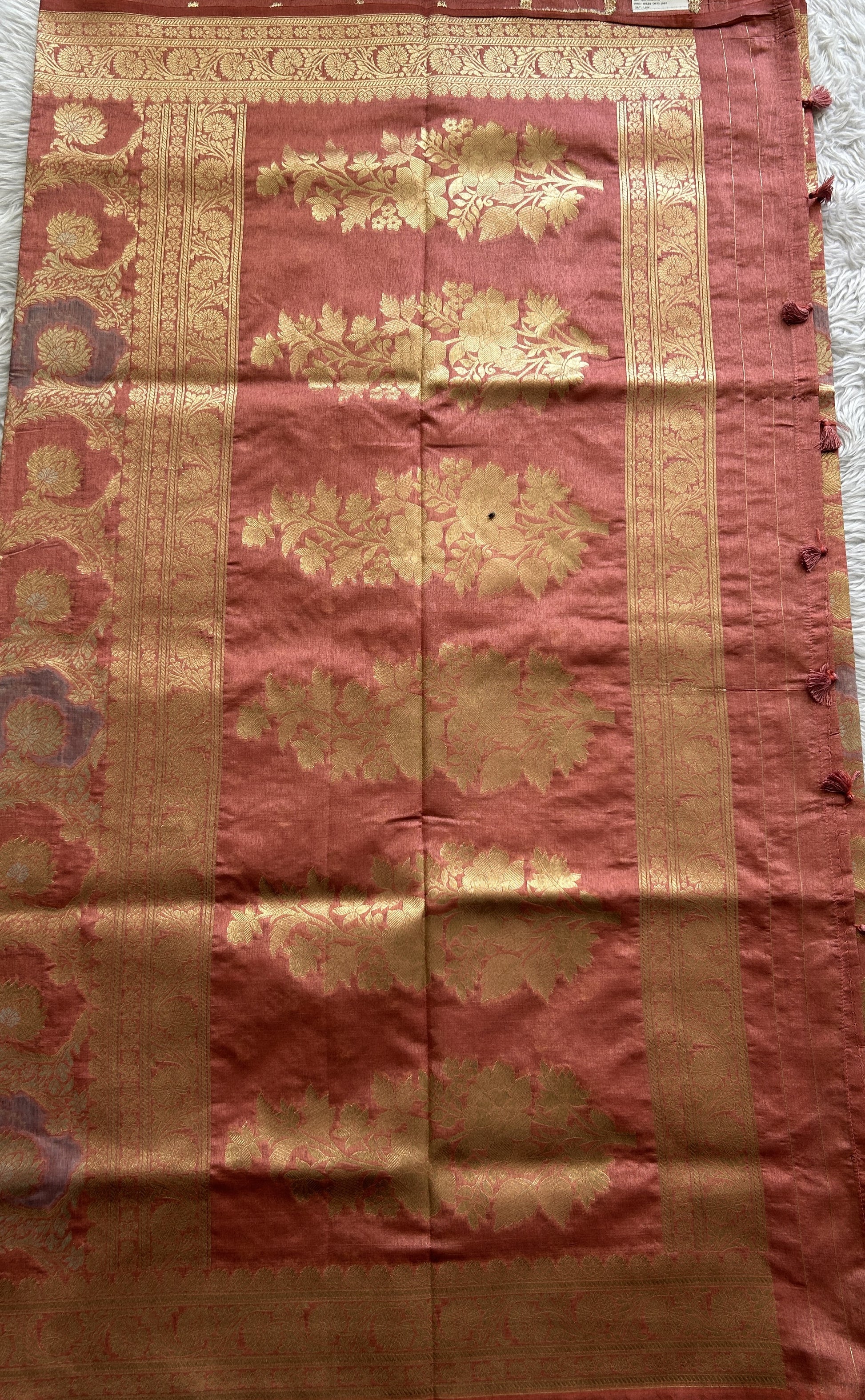 Semi Raw Silk Saree Peach Colored Complemented with a Zari Border. - Sampradaya Designer Studio