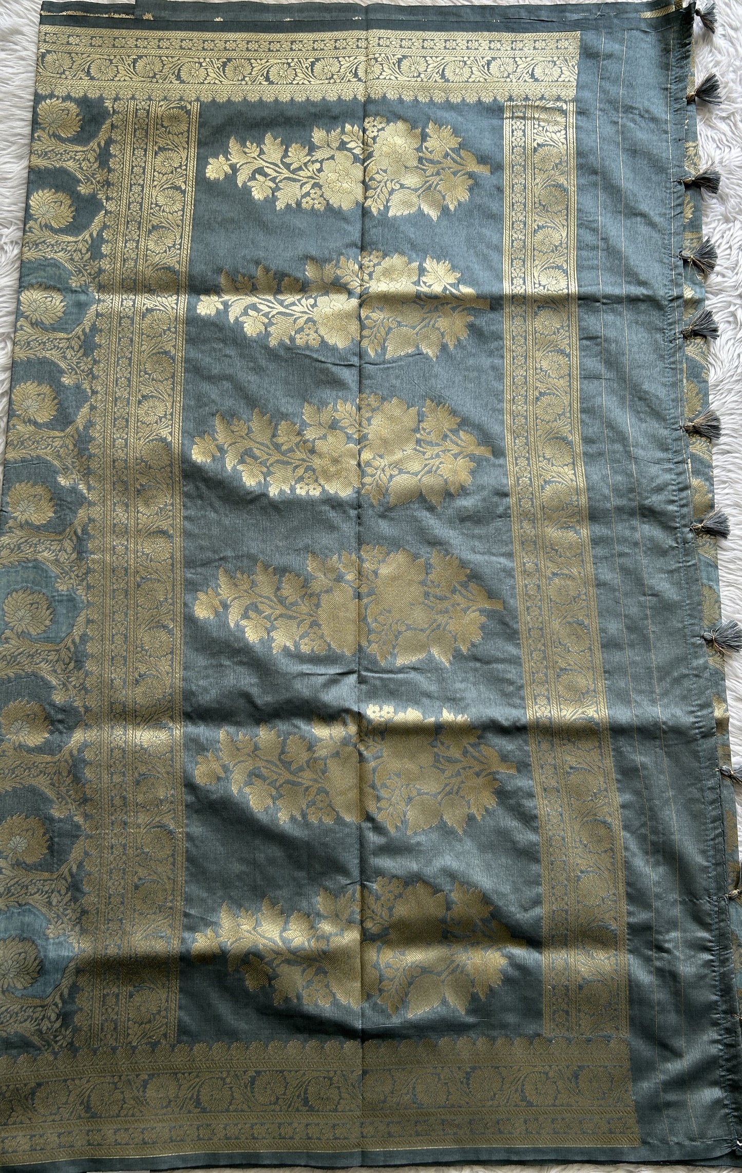 Semi Raw Silk Saree Gray Colored Complemented with a Zari Border. - Sampradaya Designer Studio