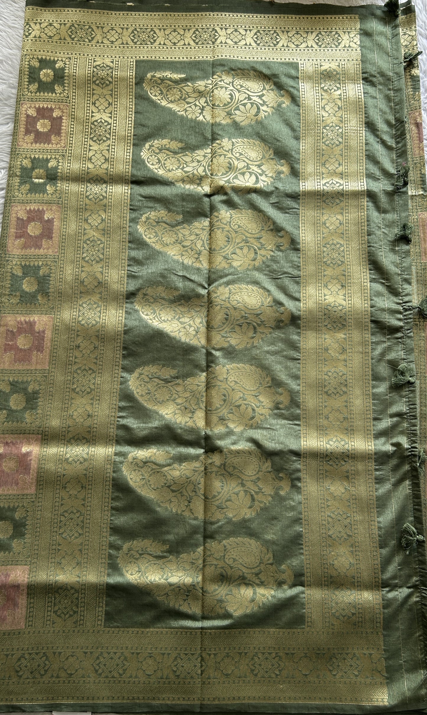 Semi Raw Silk Saree Light Olive Green Colored Complemented with a Zari Border. - Sampradaya Designer Studio