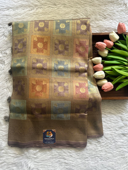 Semi Raw Silk Saree Multi Colored Complemented with a Snuff Color Zari Border. - Sampradaya Designer Studio