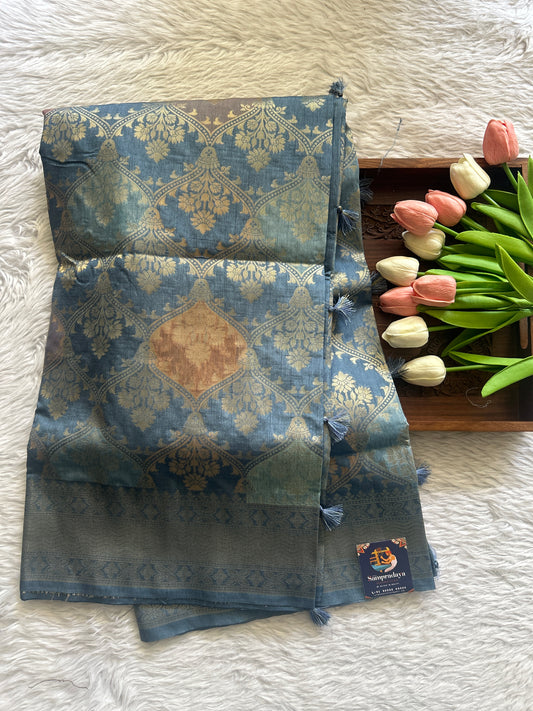 Semi Raw Silk Saree Ink Blue Colored Complemented with a Zari Border. - Sampradaya Designer Studio