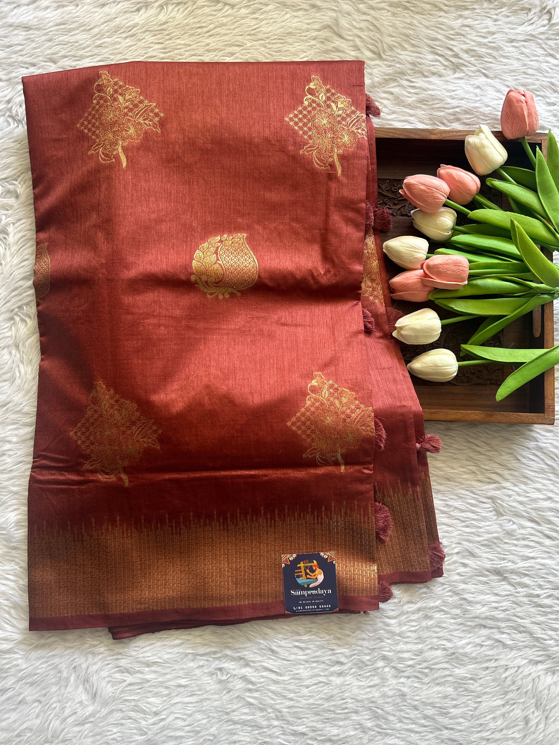 Semi Raw Silk Saree Chocolate Colored Complemented with a Zari Border. - Sampradaya Designer Studio