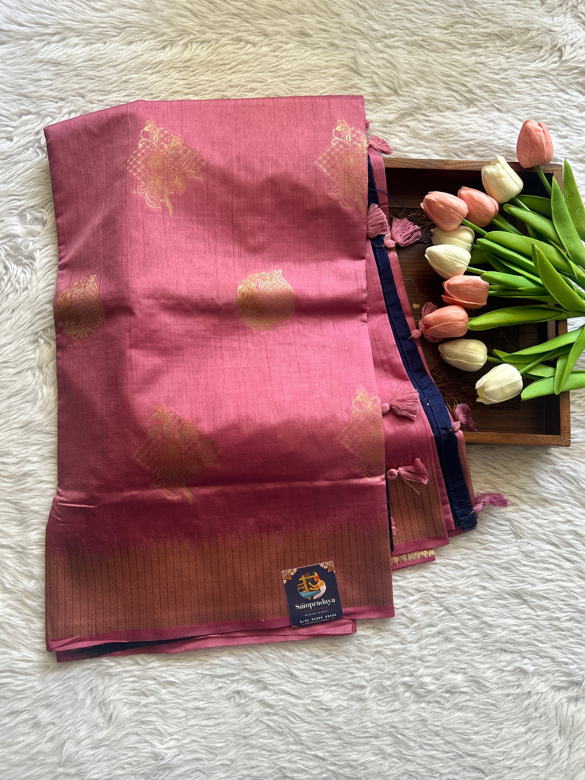 Semi Raw Silk Saree Baby Pink Colored Complemented with a Zari Border. - Sampradaya Designer Studio