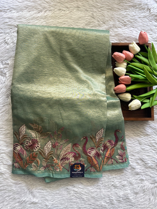 Banarasi Fancy Crushed Saree Light Green Colored Complemented with a Machine Embroidery Border. - Sampradaya Designer Studio