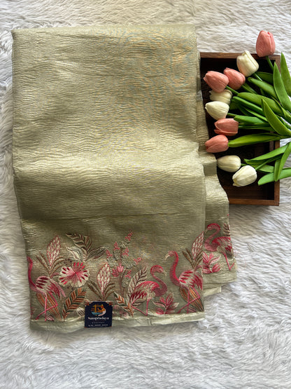 Banarasi Fancy Crushed Saree Beige Colored Complemented with a Machine Embroidery Border. - Sampradaya Designer Studio