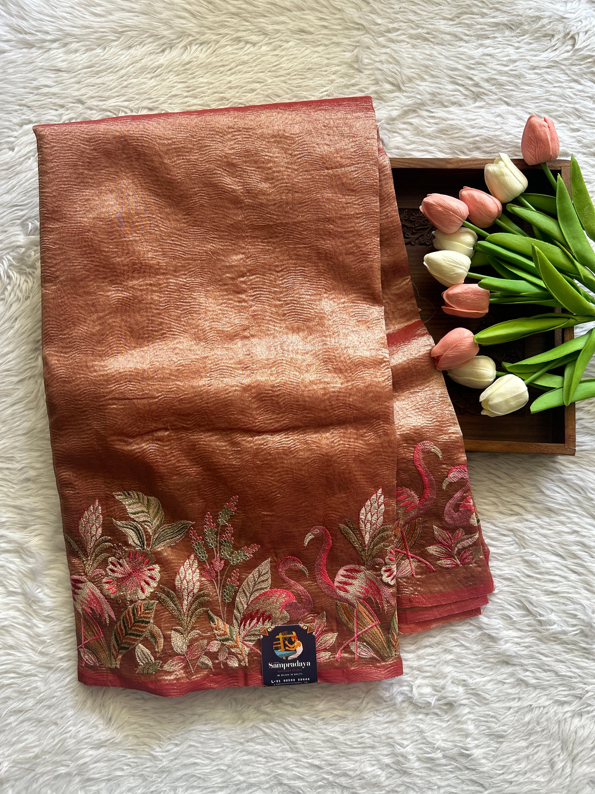 Banarasi Fancy Crushed Saree Chocolate Colored Complemented with a Machine Embroidery Border. - Sampradaya Designer Studio