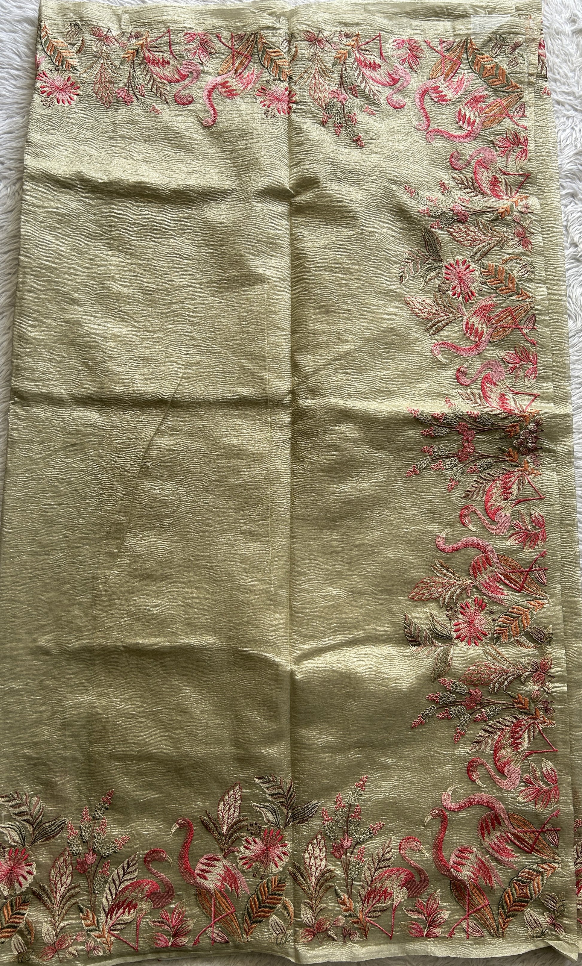 Banarasi Fancy Crushed Saree Beige Colored Complemented with a Machine Embroidery Border. - Sampradaya Designer Studio