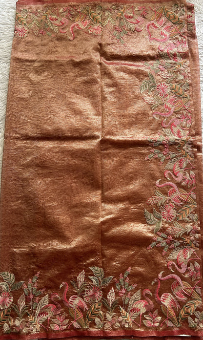 Banarasi Fancy Crushed Saree Chocolate Colored Complemented with a Machine Embroidery Border. - Sampradaya Designer Studio