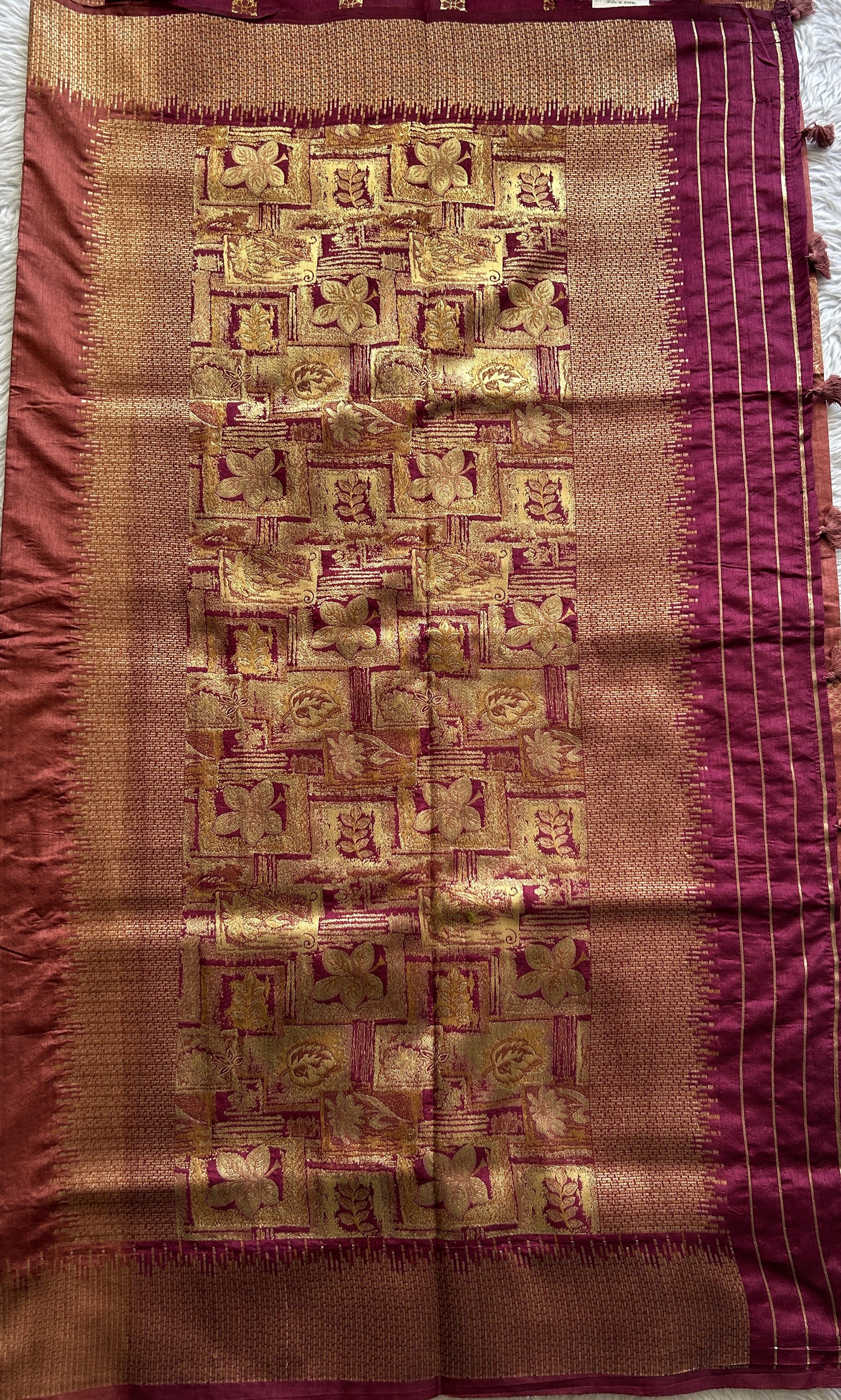 Semi Raw Silk Saree Chocolate Colored Complemented with a Zari Border. - Sampradaya Designer Studio