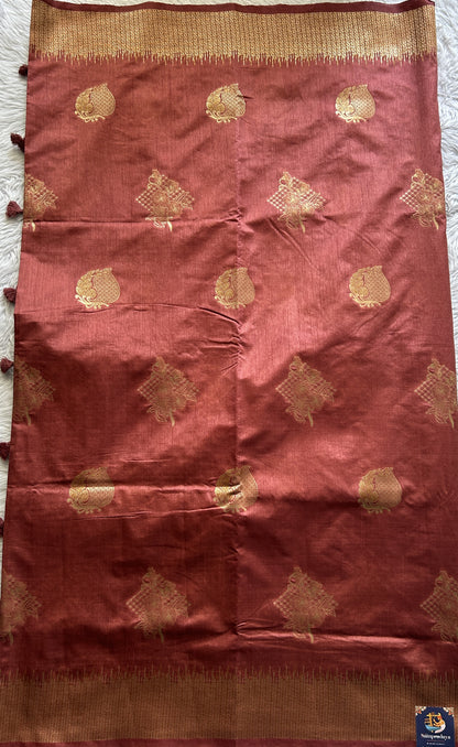 Semi Raw Silk Saree Chocolate Colored Complemented with a Zari Border. - Sampradaya Designer Studio