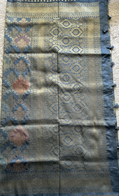 Semi Raw Silk Saree Ink Blue Colored Complemented with a Zari Border. - Sampradaya Designer Studio