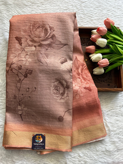 Banarasi Fancy Crushed Saree Peach Colored Complemented with a Zari Border. - Sampradaya Designer Studio