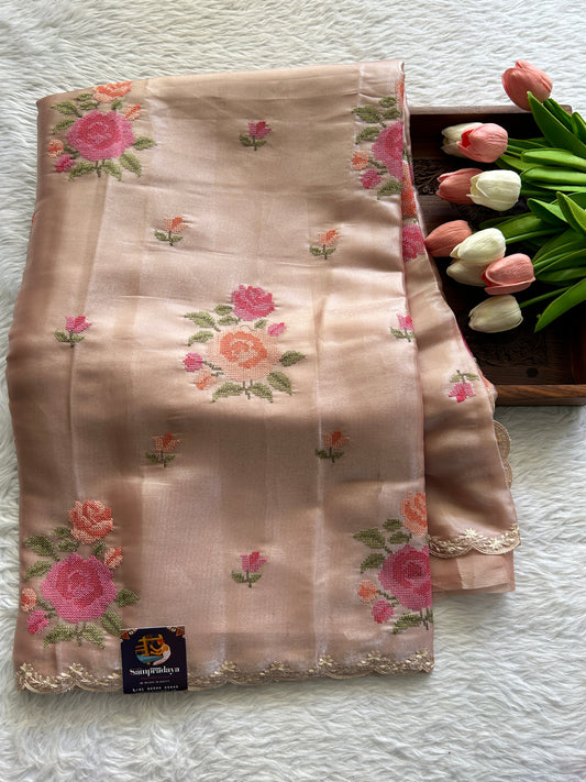 Banarasi Fancy Kota Saree Onion Pink Colored Complemented with a Scallop Border. - Sampradaya Designer Studio