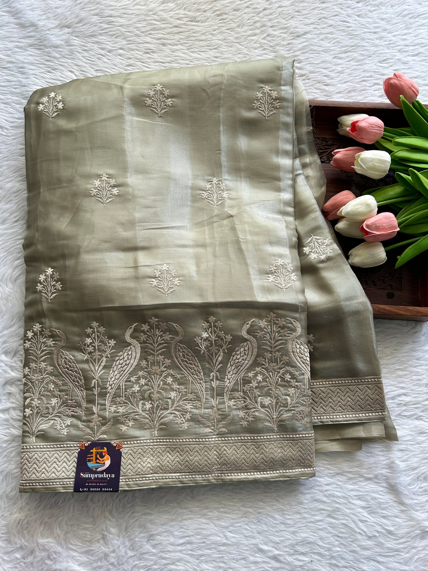 Banarasi Fancy Kota Saree Light Olive Green Colored Complemented with a Embroidery Border. - Sampradaya Designer Studio