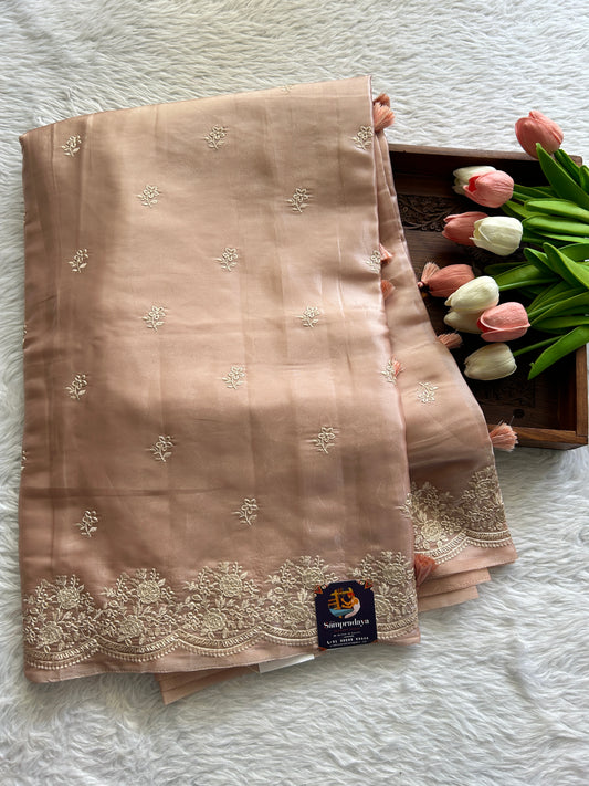 Banarasi Fancy Kota Saree Coral Colored Complemented with a Embroidery Scallop Border. - Sampradaya Designer Studio