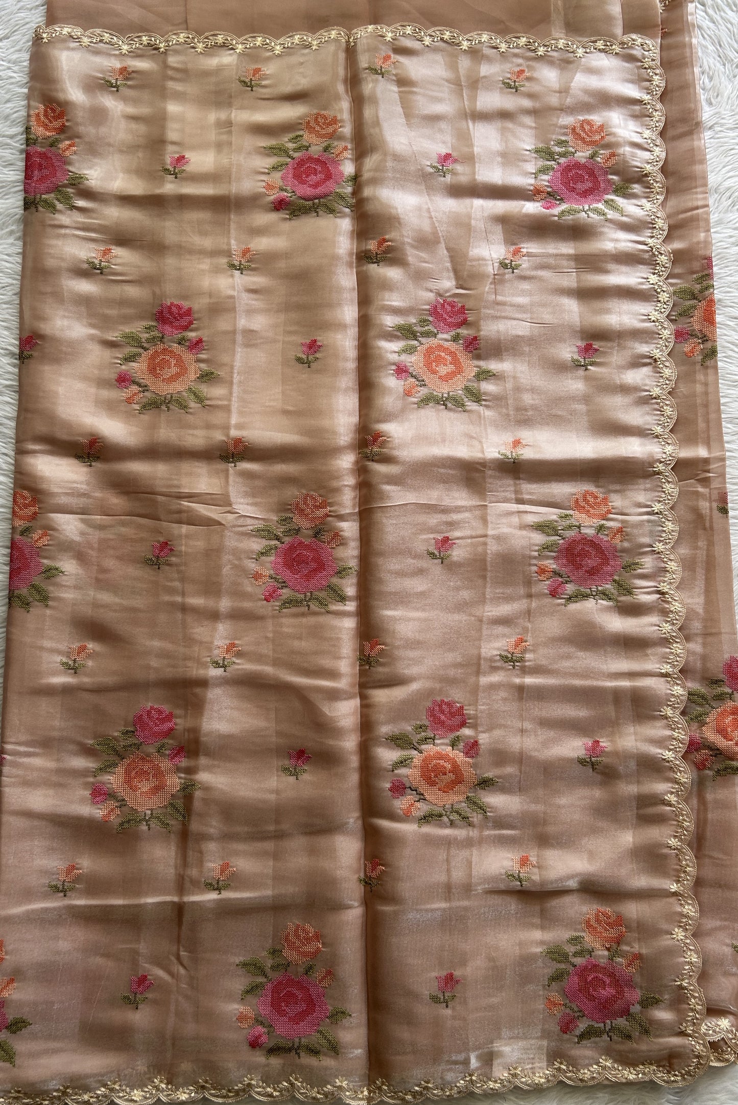 Banarasi Fancy Kota Saree Onion Pink Colored Complemented with a Scallop Border. - Sampradaya Designer Studio