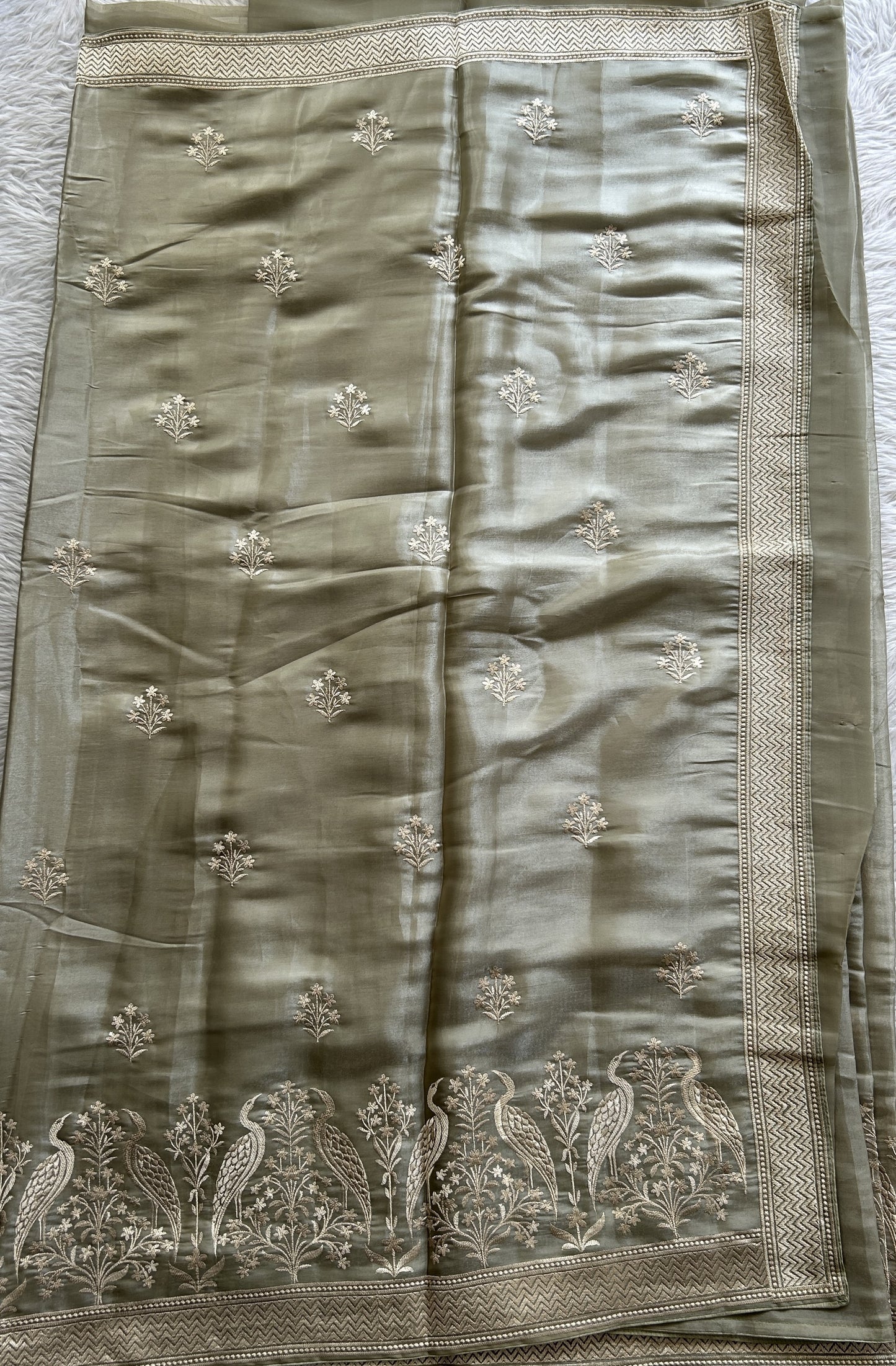 Banarasi Fancy Kota Saree Light Olive Green Colored Complemented with a Embroidery Border. - Sampradaya Designer Studio