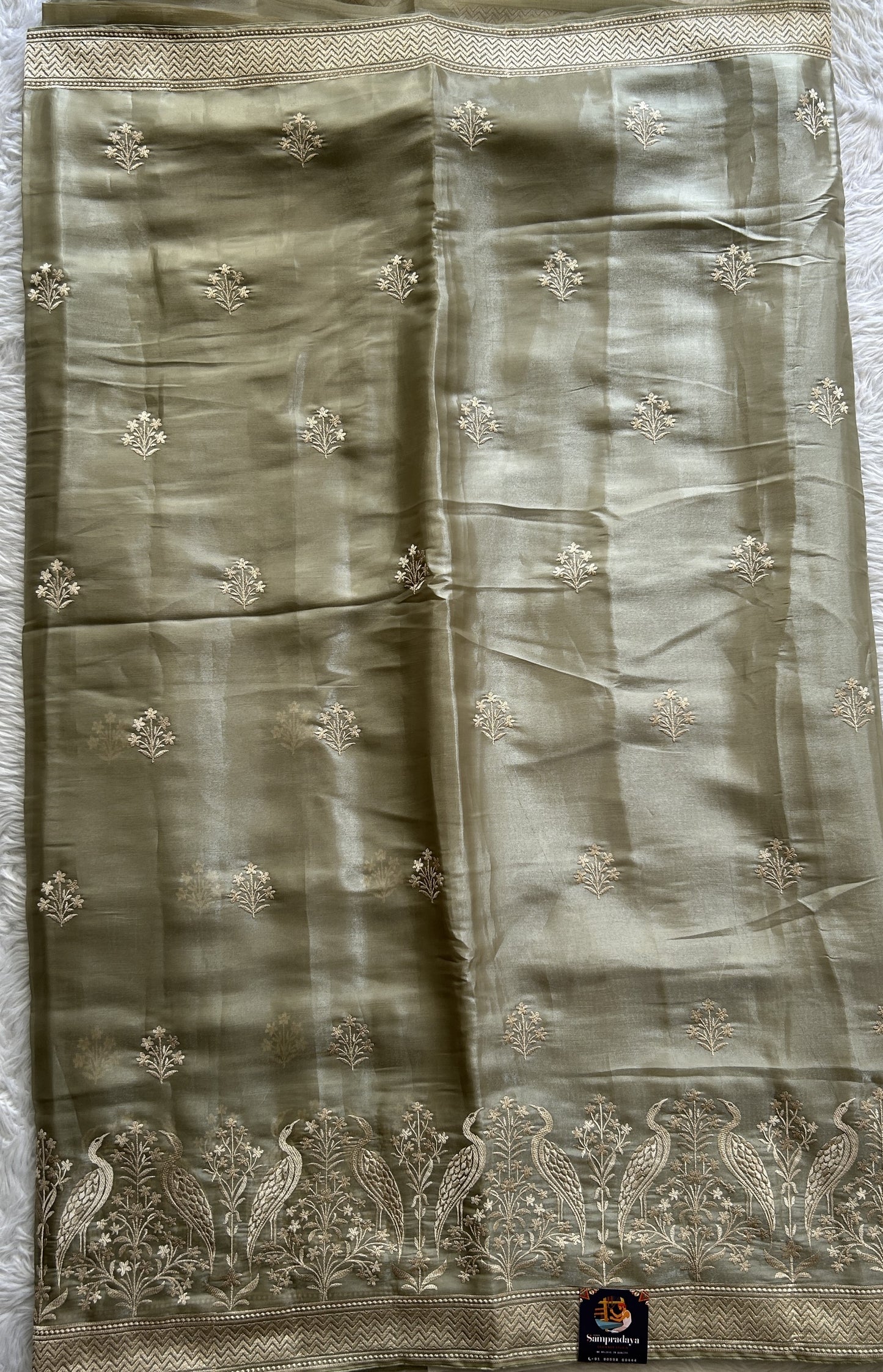 Banarasi Fancy Kota Saree Light Olive Green Colored Complemented with a Embroidery Border. - Sampradaya Designer Studio