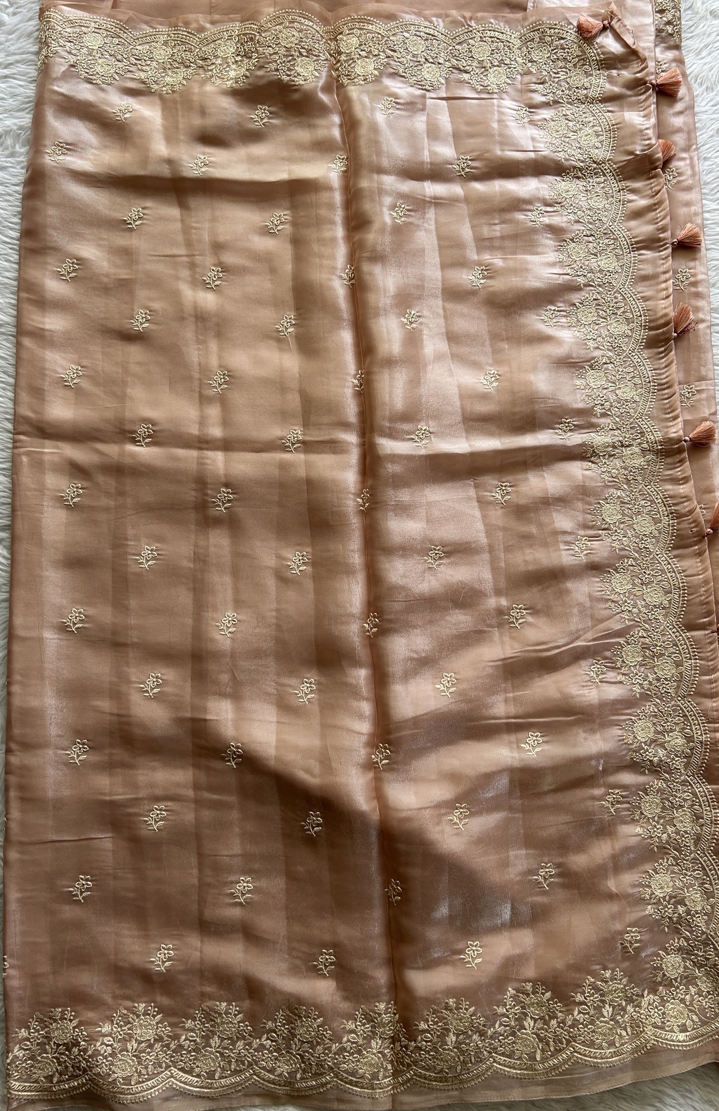 Banarasi Fancy Kota Saree Coral Colored Complemented with a Embroidery Scallop Border. - Sampradaya Designer Studio