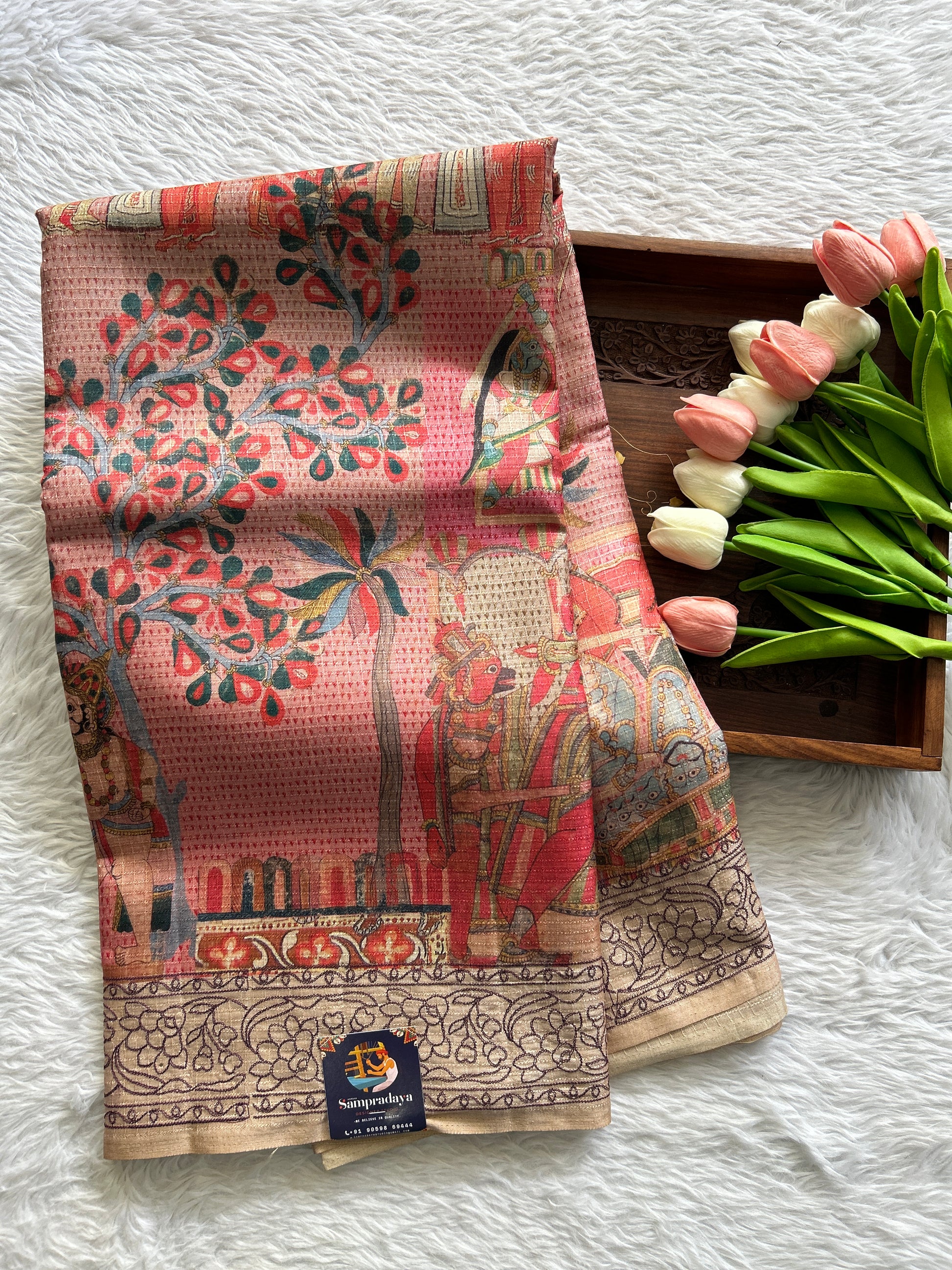 Semi Tussar Saree Pink Colored complemented with a Beige Color Thread Embroidery Border. - Sampradaya Designer Studio