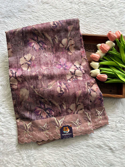 Semi Tussar Saree Purple Colored complemented with a Onion Pink Color Scallop Border. - Sampradaya Designer Studio