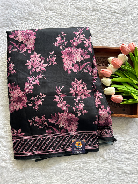 Semi Tussar Saree Black Colored complemented with a Lilac Thread Embroidery Border. - Sampradaya Designer Studio