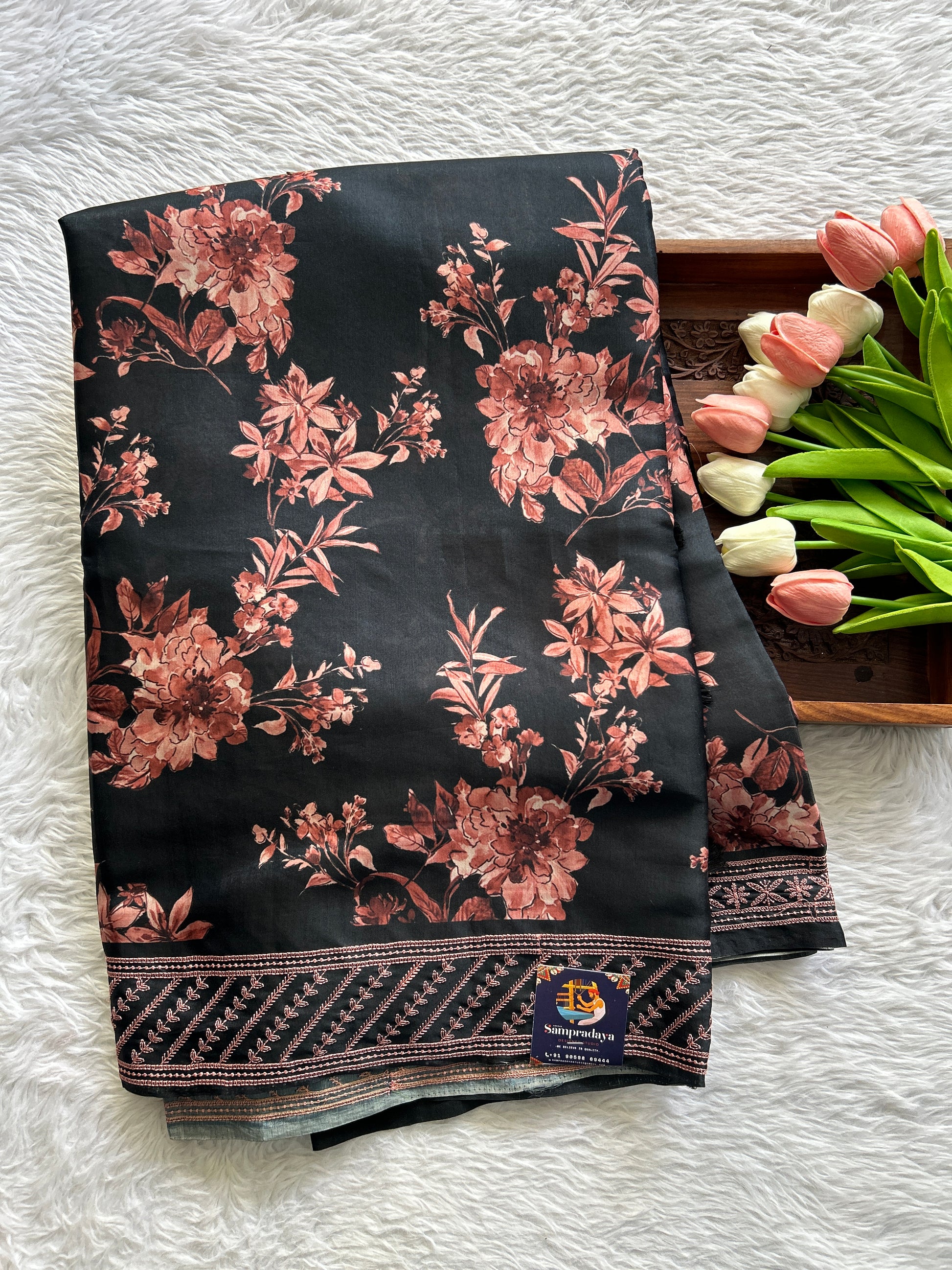 Semi Tussar Saree Black Colored complemented with a Peach Thread Embroidery Border. - Sampradaya Designer Studio