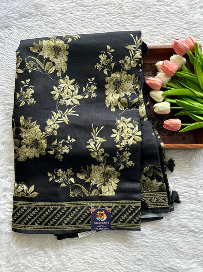 Semi Tussar Saree Black Colored complemented with a Green Thread Embroidery Border. - Sampradaya Designer Studio