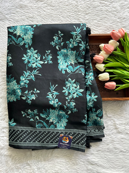 Semi Tussar Saree Black Colored complemented with a Blue Thread Embroidery Border. - Sampradaya Designer Studio