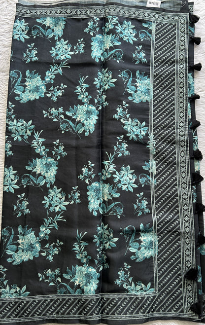 Semi Tussar Saree Black Colored complemented with a Blue Thread Embroidery Border. - Sampradaya Designer Studio