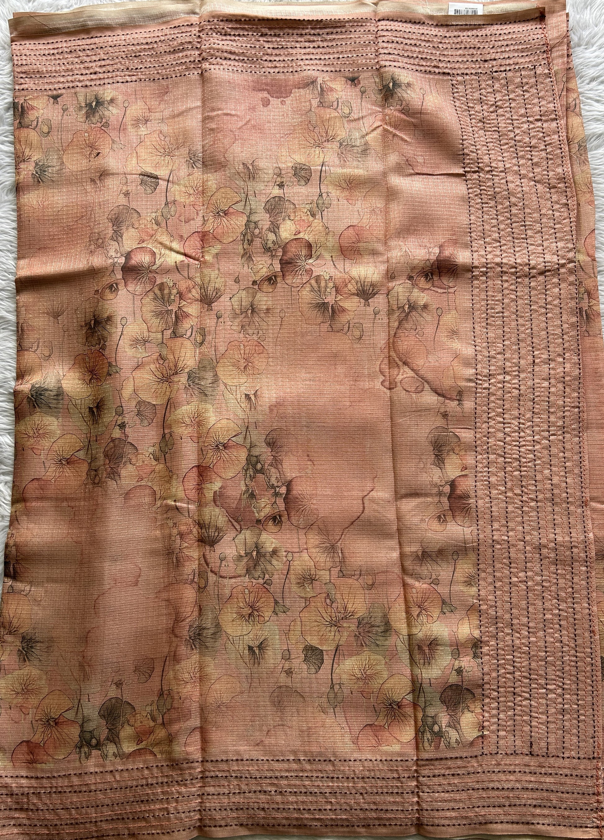 Semi Tussar Saree Peach Colored complemented with a Thread Embroidery Border. - Sampradaya Designer Studio