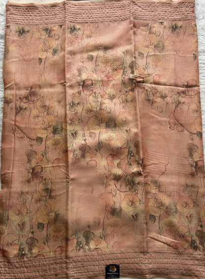 Semi Tussar Saree Peach Colored complemented with a Thread Embroidery Border. - Sampradaya Designer Studio