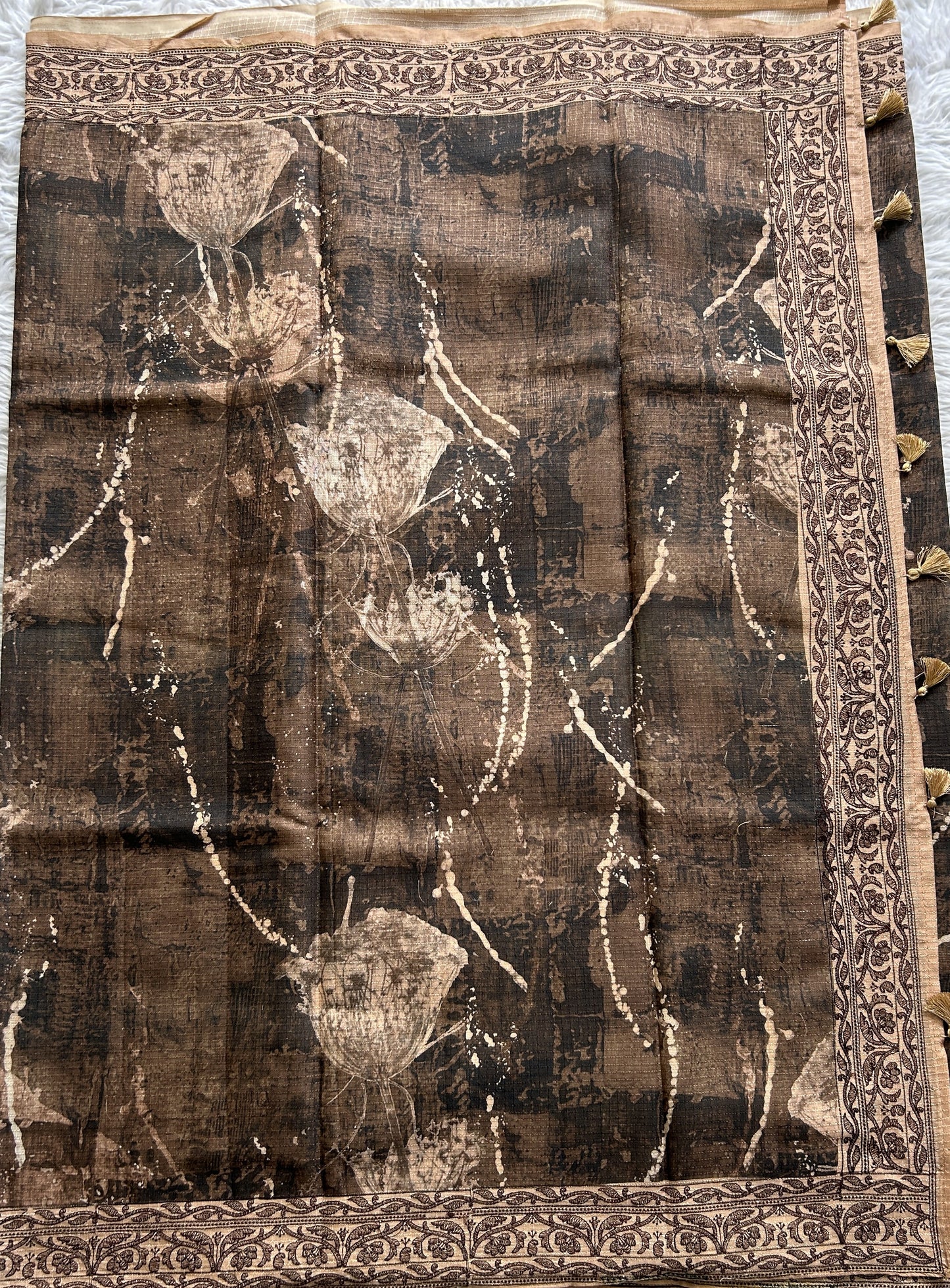 Semi Tussar Saree Brown Colored complemented with a Beige Color Thread Embroidery Border. - Sampradaya Designer Studio