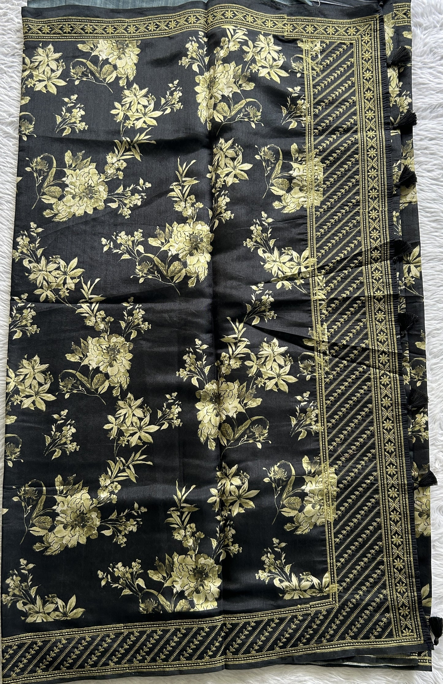 Semi Tussar Saree Black Colored complemented with a Green Thread Embroidery Border. - Sampradaya Designer Studio