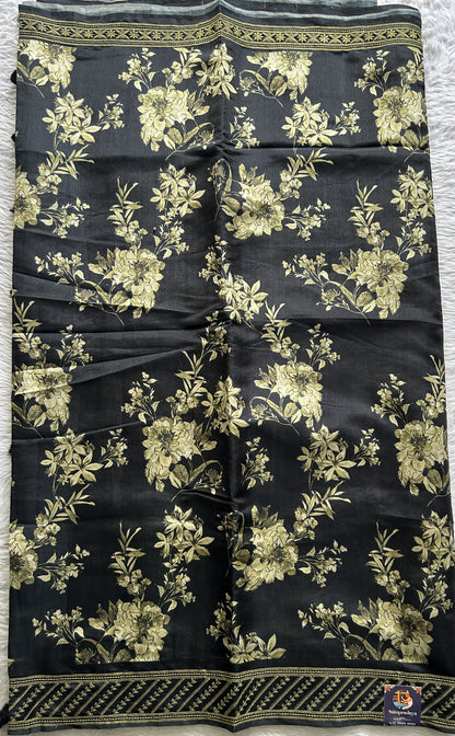 Semi Tussar Saree Black Colored complemented with a Green Thread Embroidery Border. - Sampradaya Designer Studio