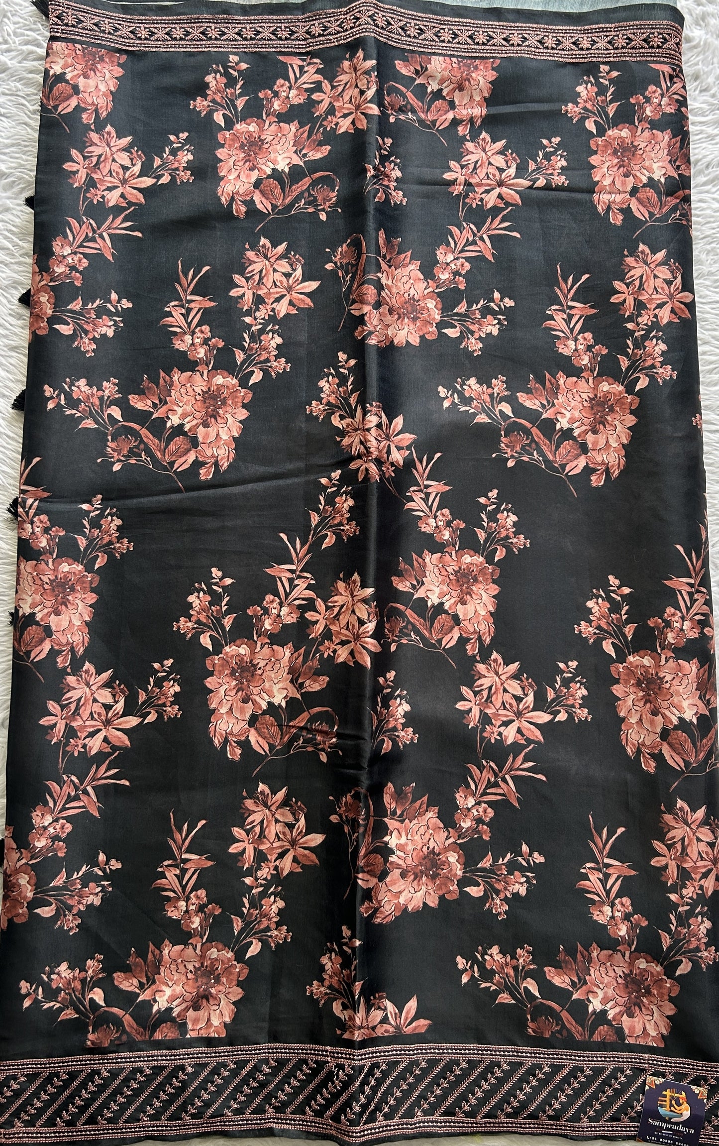 Semi Tussar Saree Black Colored complemented with a Peach Thread Embroidery Border. - Sampradaya Designer Studio